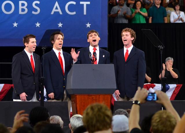 Grains of Time sings the national anthem in REynolds coliseum, before President Barack Obama's speech Sept.14, 2011. Obama's visit to N.C. State was the first from a sitting president since Ronald Reagan's visit in 1986.