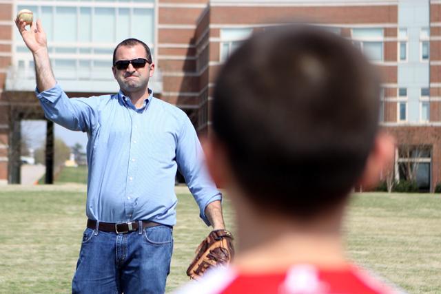 Biomedical Engineering Instructor Andrew DiMeo plays catch with his son last week. DiMeo, a product developer in the biomedical industry and TEDx Talk speaker on how to come up with a great idea, said thinking like a kid and taking diversions is a way to inspire creativity. Photo by Thomas Obarowski