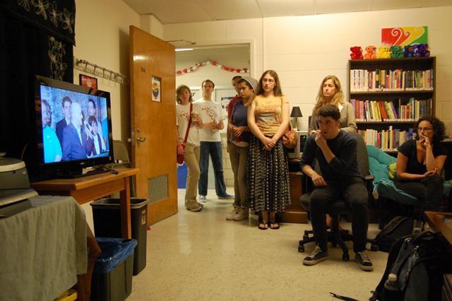 Students gather in the GLBT Center to watch the results of the North Carolina Primary elections on Tuesday night. Amendment One, a constitutional amendment which defines a marriage between one man and one woman as the only legal union considered recognized by the state, was voted on and passed with a 61-39 majority. The passing of this amendment was a huge disappointment to the students at the GLBT Center as they had worked to educate others on the true issues at stake. Photo by Megan Farrell