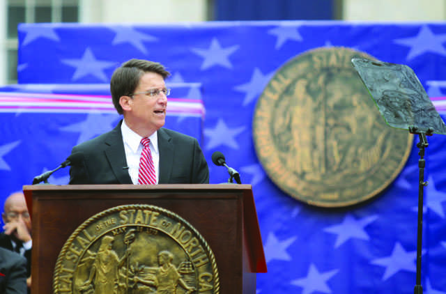 Gov. Pat McCrory spokes on the south side of the state capitol during his inaugural address.