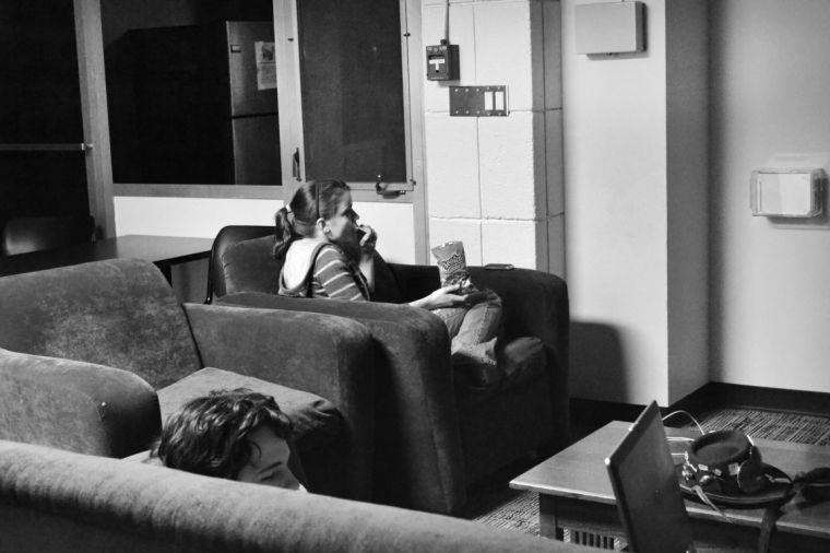 Nikki Richards, a freshman in forest management, and Steve Hamilton, a freshman in chemical engineering, enjoy the 24 hour visitation policy in a first floor lounge. Photo by Kelsey Beal