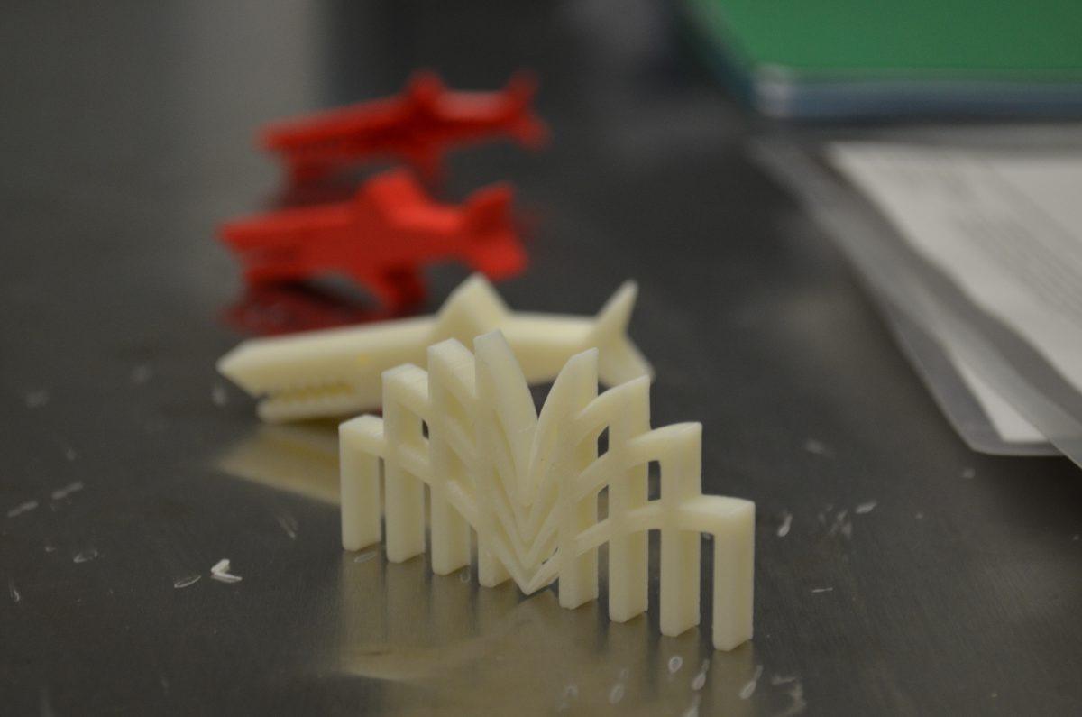 Various examples of what can be made through 3D printing are on display in the makerspace room in Hunt Library Monday, Jan. 7.