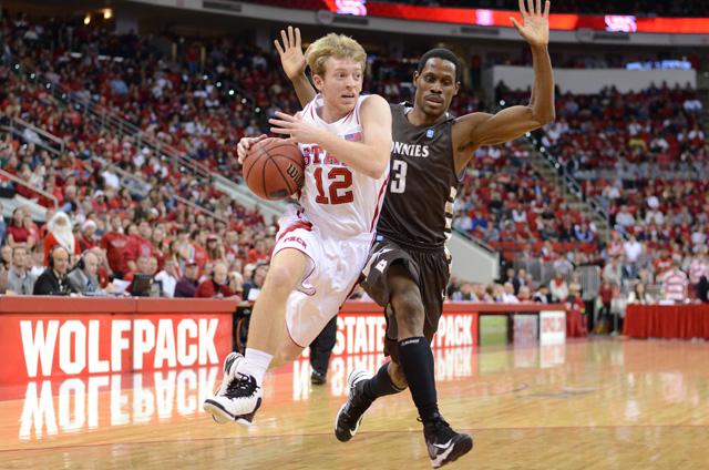 Freshman guard Tyler Lewis moves through coverage during the basketball game against St. Bonaventure in PNC Arena Saturday, Dec. 22, 2012. The Wolfpack defeated the Bonnies 92-73. Photo by John Joyner.