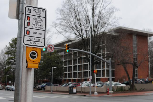 The new crosswalk signs on Hillsoborugh Street near North Residence Hall.