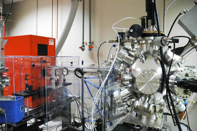 This machinery is used to develop self-powered biosensors, which will monitor vitals. The orange machine uses pulse laser deposition to synthesize possible materials for the sensors Wednesday 6 Feb. 2013. Photo by Karin Eriksson