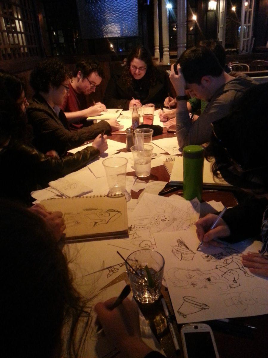Elina Thomas, Alyssa Torres, Tali Barlaz and Daniel Lecky drink and draw.