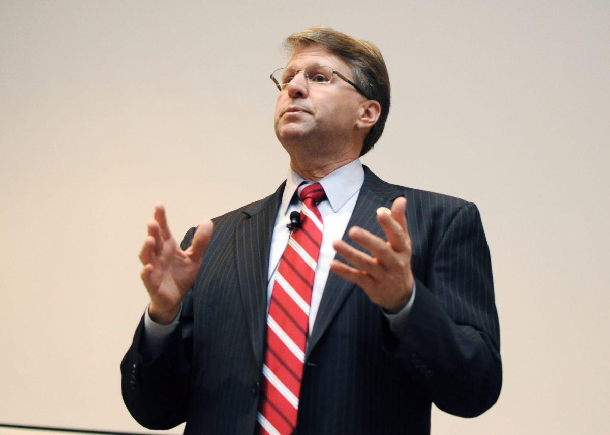 Mark D. Martin speaks at a Legal and Regulatory Environment class in Nelson Auditorium Feb. 27. Martin, an Associate Justice of the Supreme Court of North Carolina spoke on the importance of the Constitution and keeping "Rights are not lost in an instant, rights are lost over a generation or two. Many times people do not understand the rights they had much less a willingless to defend them." Photo by Chris Rupert