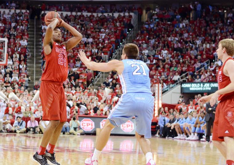 Freshman forward T.J. Warren shoots a three pointer during the second half of the North Carolina game Saturday, Jan. 26, 2013. Warren had 19 points in the Wolfpack's 91-83 win at the PNC Arena. Photo by Ryan Parry.