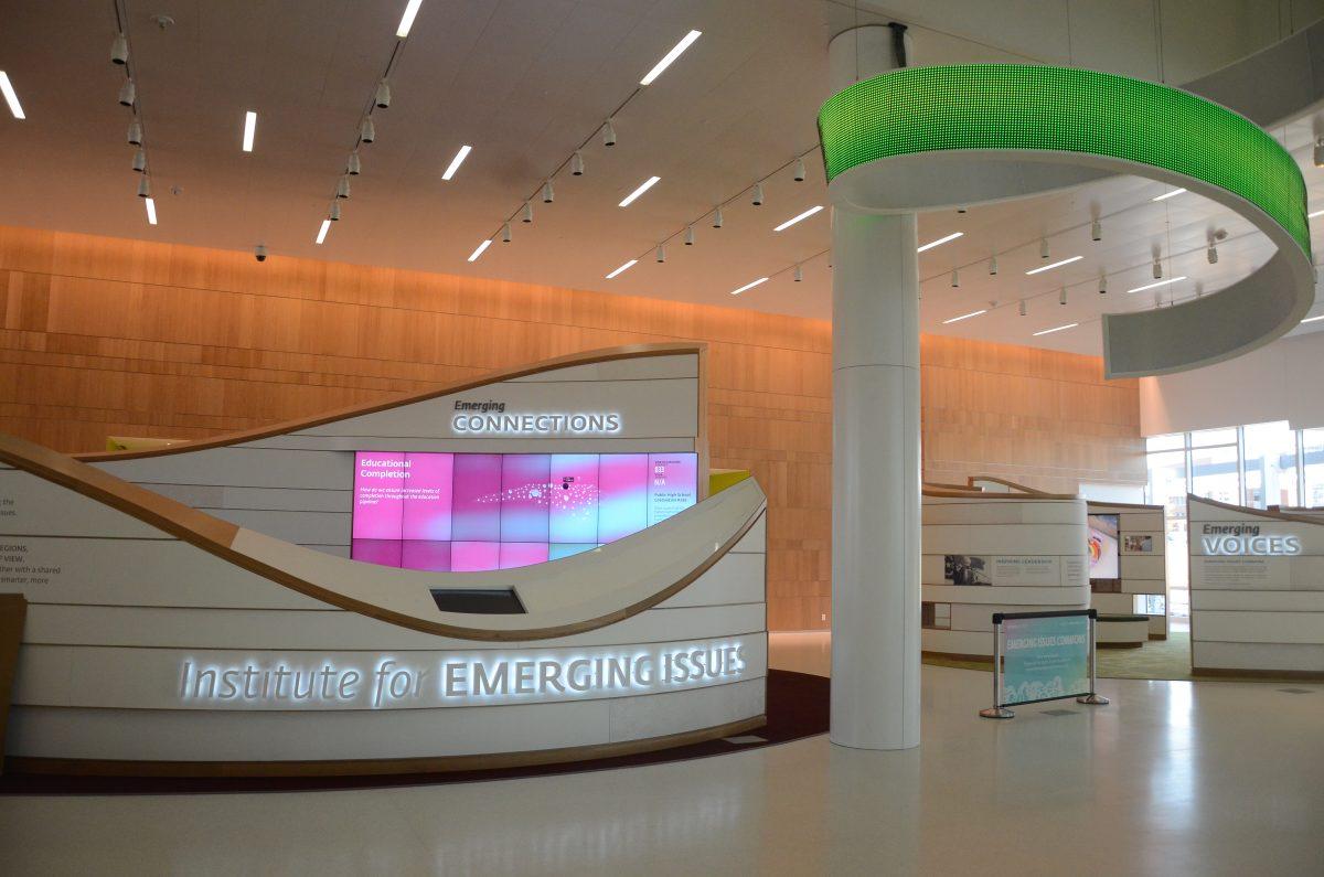 The entrance to the Hunt Library features the Institue for Emerging Issues which focuses on problems within North Carolina.