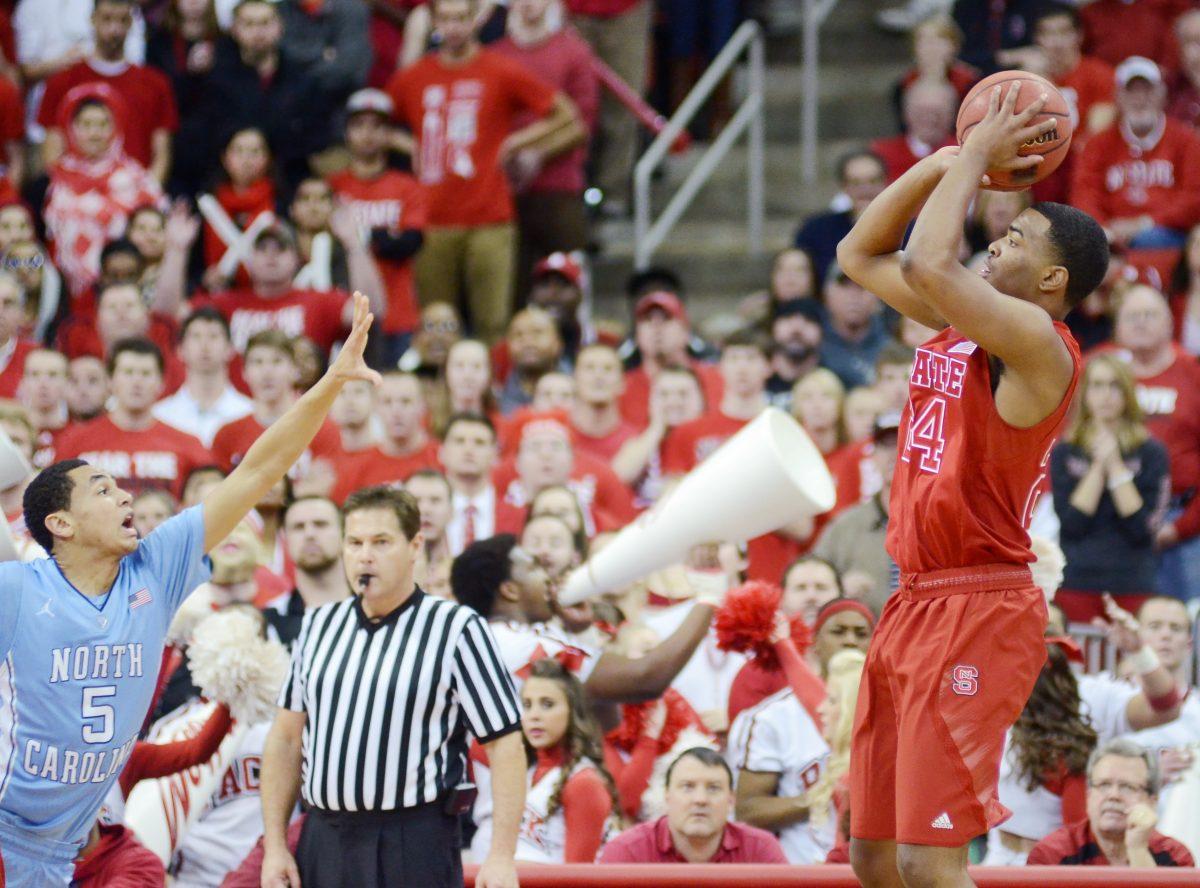 Freshman forward T.J. Warren shoots a jump shot against North Carolina game Saturday, Jan. 26, 2013. Warren had 19 points in the Wolfpack's 91-83 win at the PNC Arena. Photo by Ryan Parry.