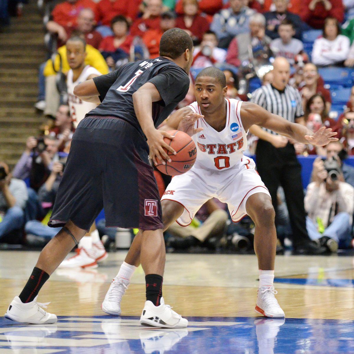 Freshman guard Rodney Purvis puts pressure on the offense during the second round of the NCAA tournament against Temple in University of Dayton Arena, Dayton, OH Friday, March 22, 2013. The Wolfpack ended their season with a 76-72 loss to the Owls. Photo by John Joyner.