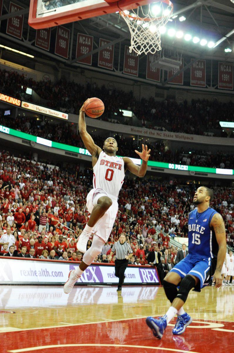 Freshman guard Rodney Purvis dunks the ball on Jan. 12, 2013 in PNC Arena. The No. 20 Wolfpack defeated the No. 1 ranked and previously undefeated Blue Devils 84-76. Photo by Chris Rupert