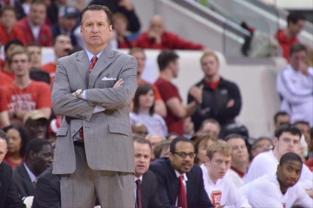 Head coach Mark Gottfried watches the action unfold at the far end of the court during the final home game against Wake Forest in PNC Arena Wednesday, Mar. 7, 2013. The Wolfpack defeated the Demon Deacons 81-66. Photo by John Joyner.