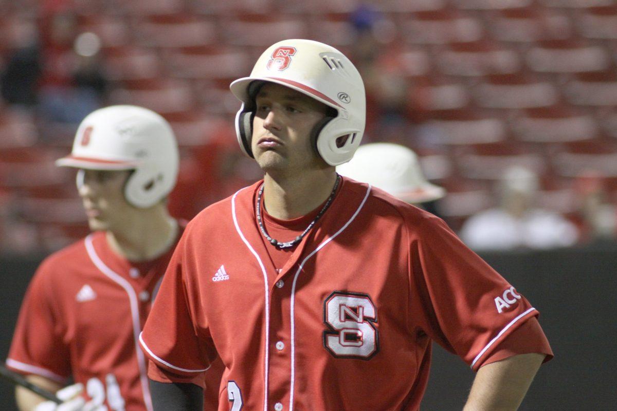 Senior infielder Grant Clyde reacts after the N.C. State loss to UNC-Greensboro on Tuesday, March 19. The loss makes the Wolfpack's overall record to 16-6. The Wolfpack's next home appearance will occur on March 29 against Virginia.