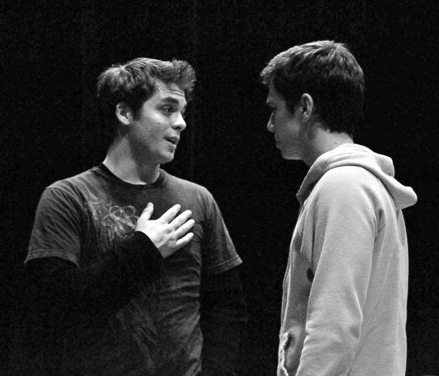 Patrick Narmi, freshman in First Year College, rehearsals opposite Jason Corder, a sophomore in chemistry, for the University Theatre's production of The Hedi Chronicles, "I'm just a simple man of medicine." Narmi is portraying Peter, a homosexual pediatrician and Hedi's best friend while Corder portrays Scoop, Heidi's love intrest. Photo by Kelsey Beal