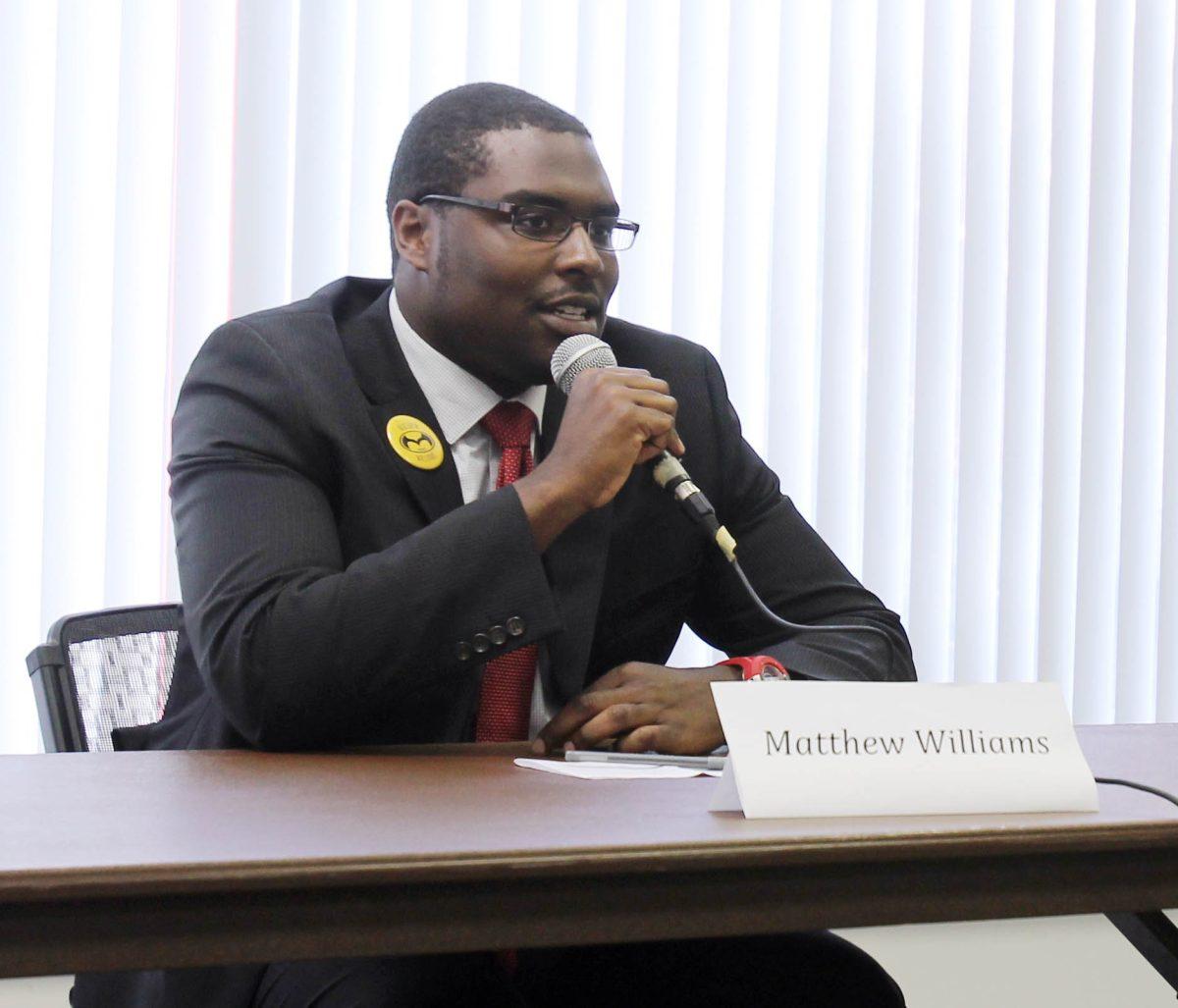 Student Body President candidate Matthew Williams, junior in history, responds to a series of questions during a Q&amp;A session in Witherspoon on Wednesday, March 20. The Q&amp;A session enabled students to get informed about campus issues and where the candidates stand.