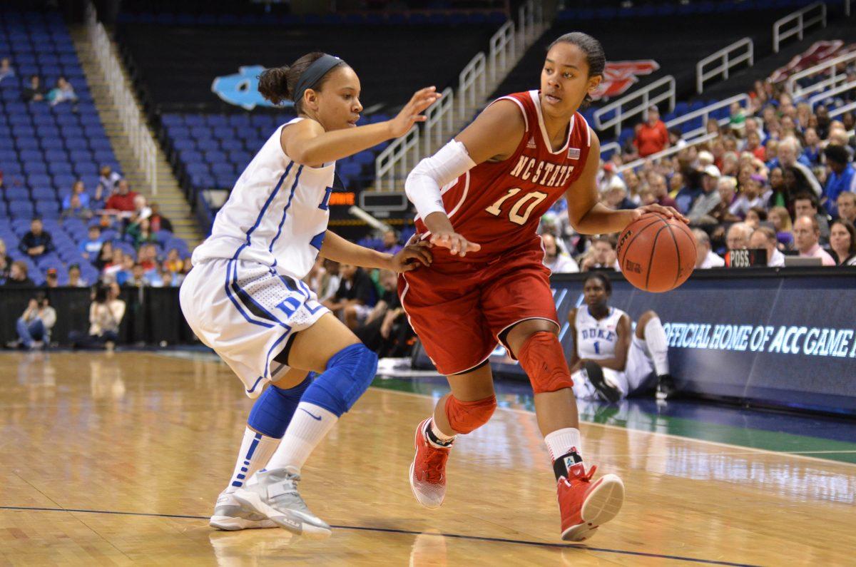 Freshman guard Ashley Eli drives to the paint during the second round of the ACC Tournament against Duke in Greensboro Coliseum Friday, Mar. 8, 2013. The Wolfpack Women fell to the Blue Devils 79-65. Photo by John Joyner.
