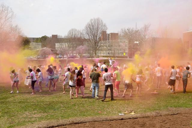 Students came out to celebrate Holi, an Indian festival involving throwing colored powder.