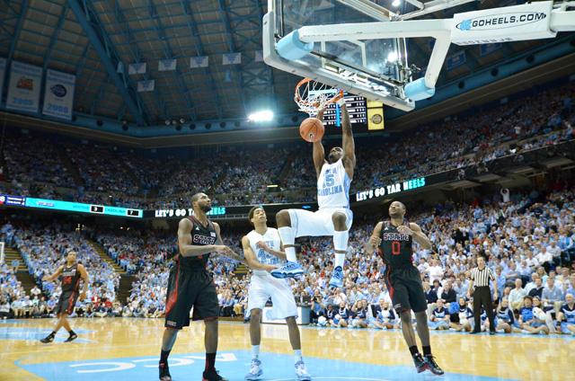 North Carolina sophomore guard P.J. Hairston dunks the ball during the basketball game against North Carolina in the Dean Smith Center in Chapel Hill Saturday, Feb. 24, 2013. The Wolfpack fell to the Tar Heels 76-65. Photo by John Joyner.