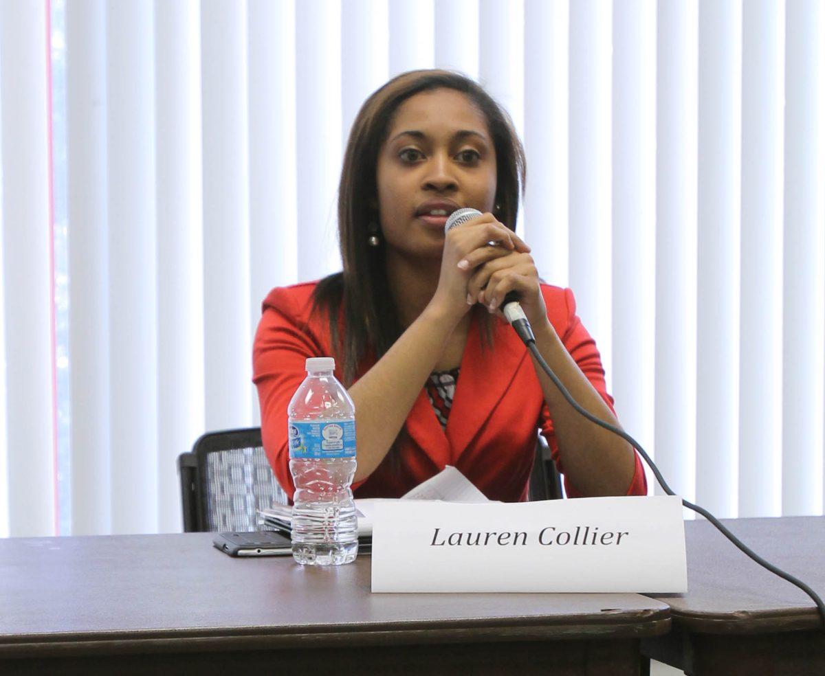 Student Body President candidate Lauren Collier, senior in animal science, replies to various questions during a Q&amp;A session in Witherspoon on Wednesday March 20. The Q&amp;A session allowed students to familiarize themselves with the candidates and campus issues.
