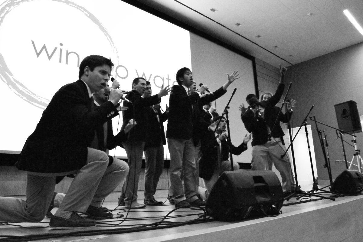 The benefit concert Wine to Water on Friday 22 Mar 2013 at 6pm at Hunt Library Auditorium showcases several acapella groups from all over the state including NC State's Ladies in Red, Acappology, Grains of Time (shown), and Wolfgang, UNC's Tar Heel Voices, and UNC Chapel Hill's Achordants. The proceeds of the concert benefitted the Wine to Water organization, a non-profit organization focused on providing sustainable, clean water to people around the world. Photo by Kelsey Beal