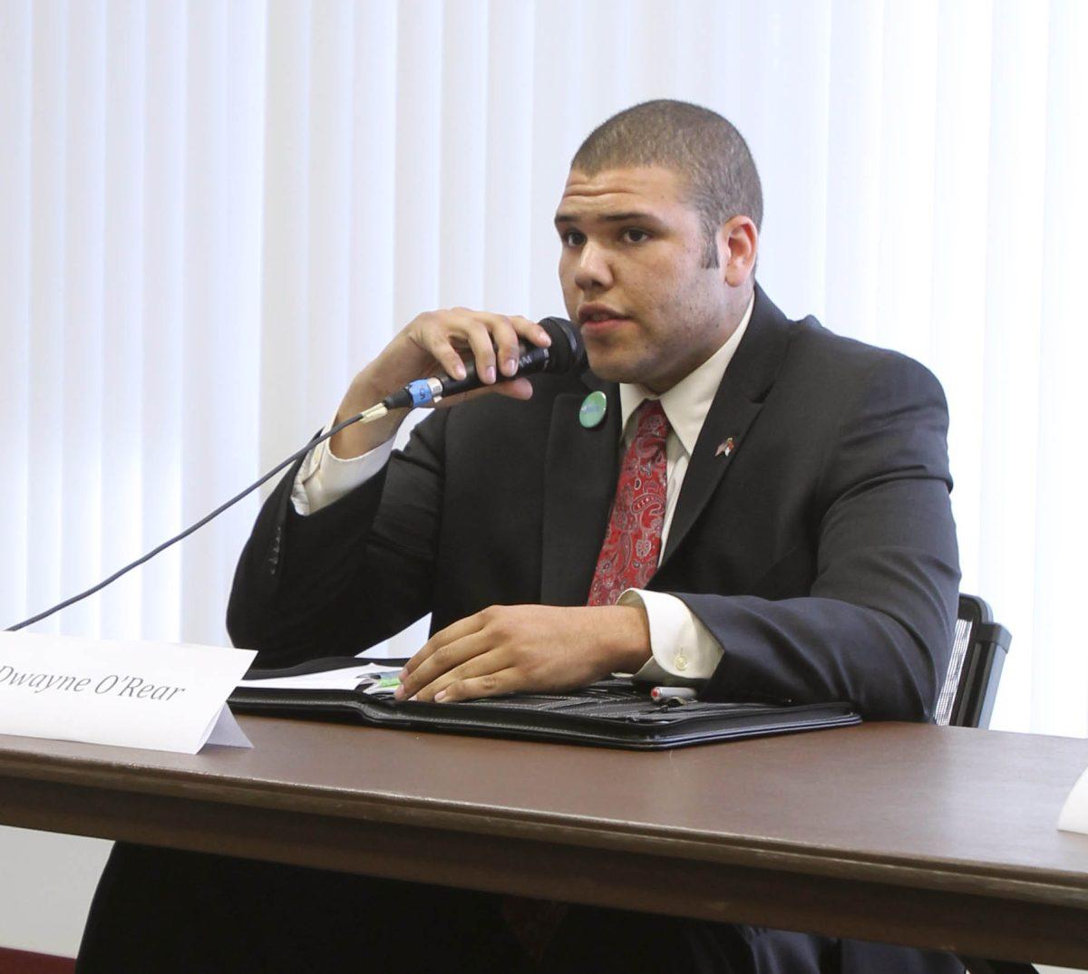 Student Body President candidate Dwayne O'Rear, junior in business administration, answers questions during a Q&amp;A session in Witherspoon on Wednesday March 20. The Q&amp;A session was put on for students to be informed about the candidates stand on campus issues.