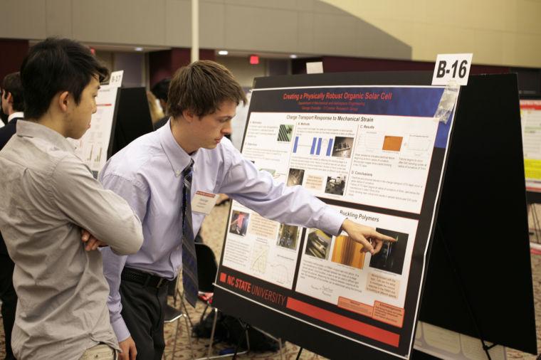 George Chandler, junior in mechanical engineering, talks about creating stronger organic solar cells at N.C. State's Undergraduate Research Symposium. The event took place at the Mckimmon Center on wednesday April 10, 2013. "I want to find out a way to make these solar cells stronger", says George.