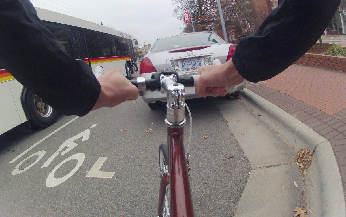 Claustrophobic bike lane on Hillsborough Street near campus.