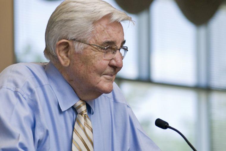 William C. Friday speaks at his retirement reception. Friday retired in 1986.