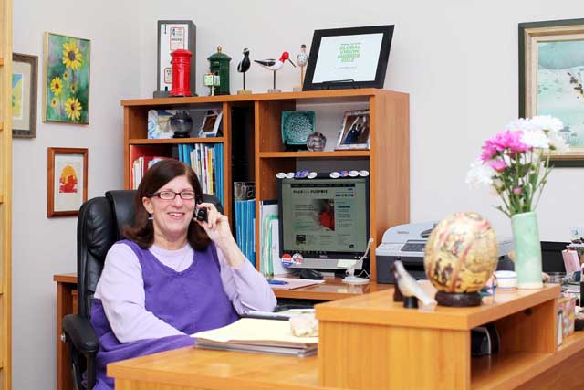 Rebecca Rothney is the founder and chairperson of Pack for a Purpose. Pack for a Purpose is a nonprofit group that enables travelers to help bring supplies to their travel destinations and help their local communities. Pack for a Purpose has many locations that have their own projects and supplies that are needed. This is her at her workstation on Thursday April 4.