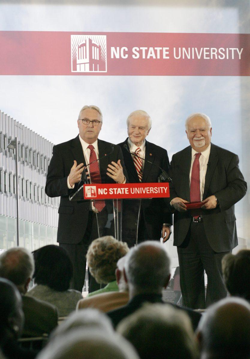 Chancellor Randy Woodson, Governor James B. Hunt, and Vartan Gregorian, President of Carnegie Corporation of New York, speak at the formal opening of Hunt Library at Centennial Campus. The event showcased highly advanced technology within the Hunt Library such as 3D printers, visualization rooms, game lab, and the bookBot. The dedication took place on April 3, 2013 at the James B. Hunt Library on Centennial Campus.