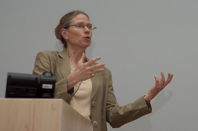 Frances Seymour, former Director General of the Center for International Forestry Research speaks on the importance of forests and food security April 16, 2013, at the Hunt Library Auditorium. "It's clear that reconciling forest protection, food security, and climate change is like a giant optimization problem. It requires understanding how global commodity supply chains for food grains, vegetable oils, mineral oils, and wood energy have all converged and sometimes interact in surprising ways when governments try to incentivize particular kinds of production and consumption."