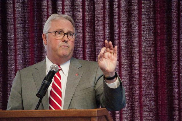 Randy Woodson, chancellor of N.C. State, speaks in the Walnut Room in Talley Student Center April 2, 2013. Woodson spoke on the recent proposed budget cuts from the governor's office. Photo by Chris Rupert