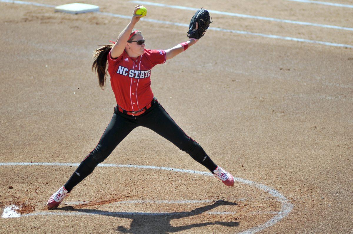Sophomore pitcher Emily Weiman pitches against North Carolina Saturday, April 13, 2013. Weiman pitched 8 innings and had 6 strikeouts in the Wolfpack's 11-8 win against the Tar Heels at Dail Stadium. Photo by Ryan Parry.