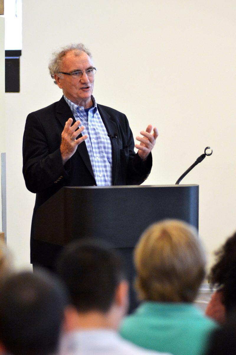 Walt Wolfram, William C. Friday Distinguished University Professor of English, speaks to students and faculty about American dialects April 11, 2013 in Caldwell Hall. His presentation included the development and attrition of these dialects during the past century and how they are perceived in university settings. Photo by Caide Wooten.