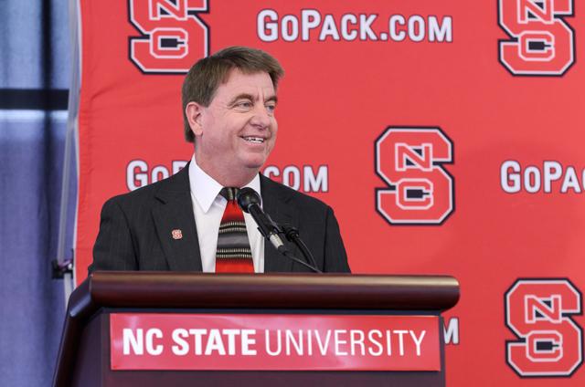New women's basketball head coach Wes Moore speaks to the media in Vaughn Towers Monday. Moore returns to N.C. State, where he assisted coach Kay Yow in the 1990s, from Chattanooga. Photo by John Joyner.