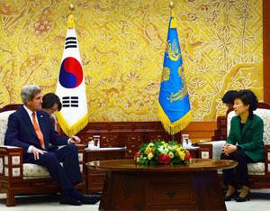 U.S. Secretary of State John Kerry meets with South Korean President Park Geun-hye at the Blue House in Seoul, South Korea, on April 12.