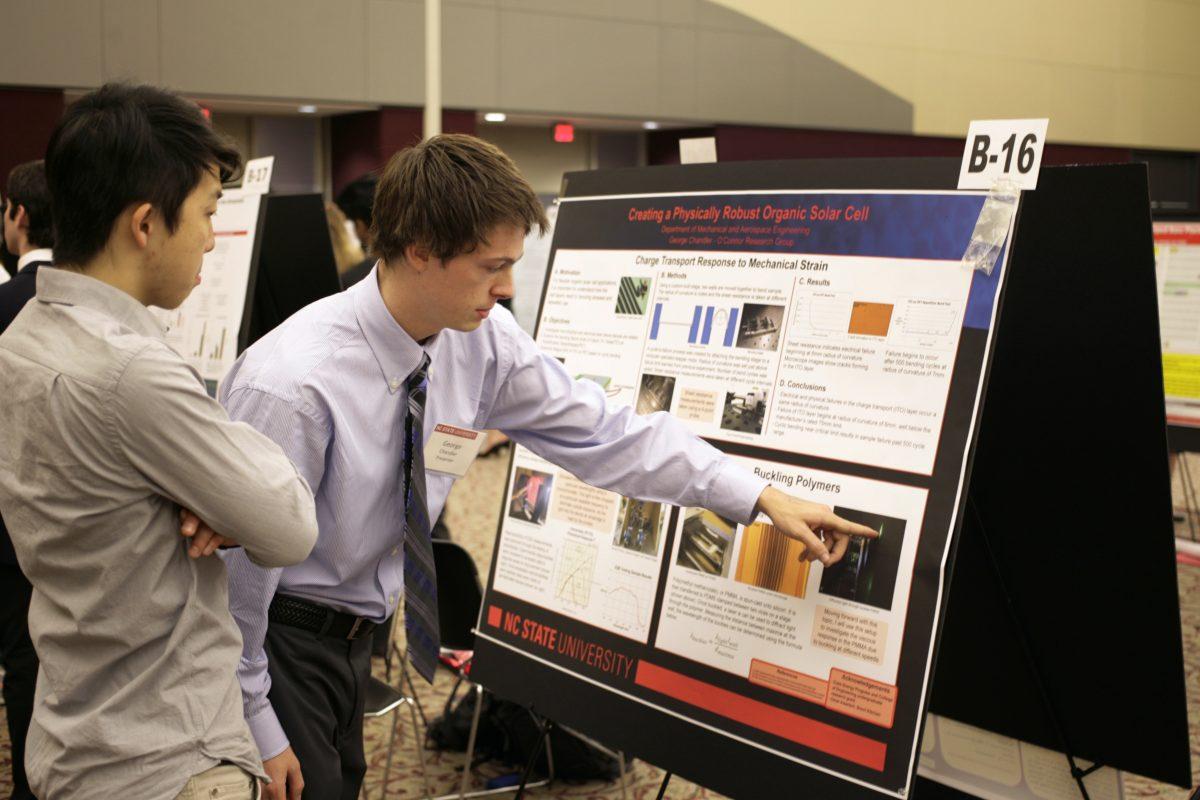 George Chandler, junior in mechanical engineering, talks about creating stronger organic solar cells at N.C. State's Undergraduate Research Symposium. The event took place at the Mckimmon Center on wednesday April 10, 2013. "I want to find out a way to make these solar cells stronger", says George.