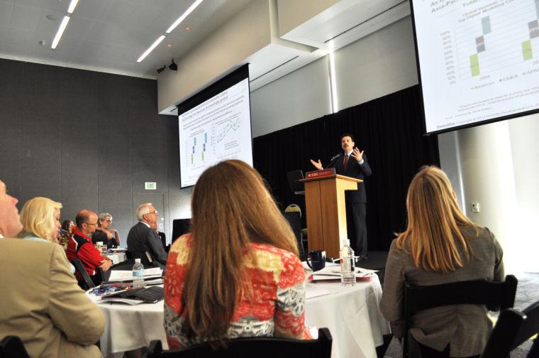 Craig Giffi, Vice Chairman of Deloitte LLP, speaks about the importance of globalization at the North Carolina Science Summit, Thursday, April 10, 2013. The Summit was part of the annual N.C. Science Festival, and was a day-long event with talks focused on North Carolina's competitive role in science and technology advancements.