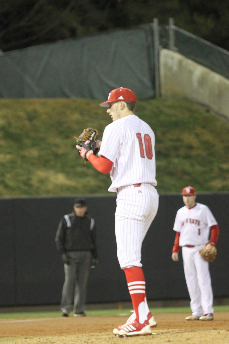 Photo by Joannah Irvin. Senior relief pitcher, Ethan Ogburn, throws the ball during the 5-0 victory over UNC-Charlotte on Tuesday Feb. 19 2013. The Wolfpack win improved the overall record to 1-1. The next home appearance will occur on Friday Feb. 3 2013 against Villanova at 3 pm.