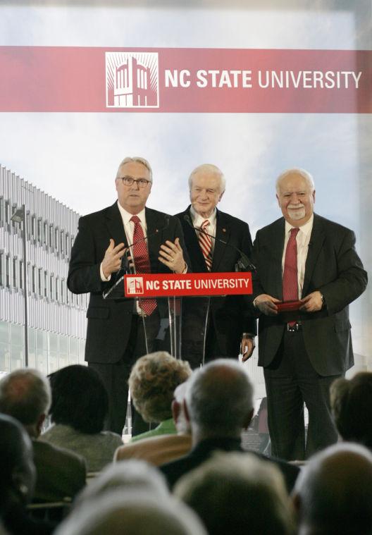 Chancellor Randy Woodson, Governor James B. Hunt, and Vartan Gregorian, President of Carnegie Corporation of New York, speak at the formal opening of Hunt Library at Centennial Campus. The event showcased highly advanced technology within the Hunt Library such as 3D printers, visualization rooms, game lab, and the bookBot. The dedication took place on April 3, 2013 at the James B. Hunt Library on Centennial Campus.