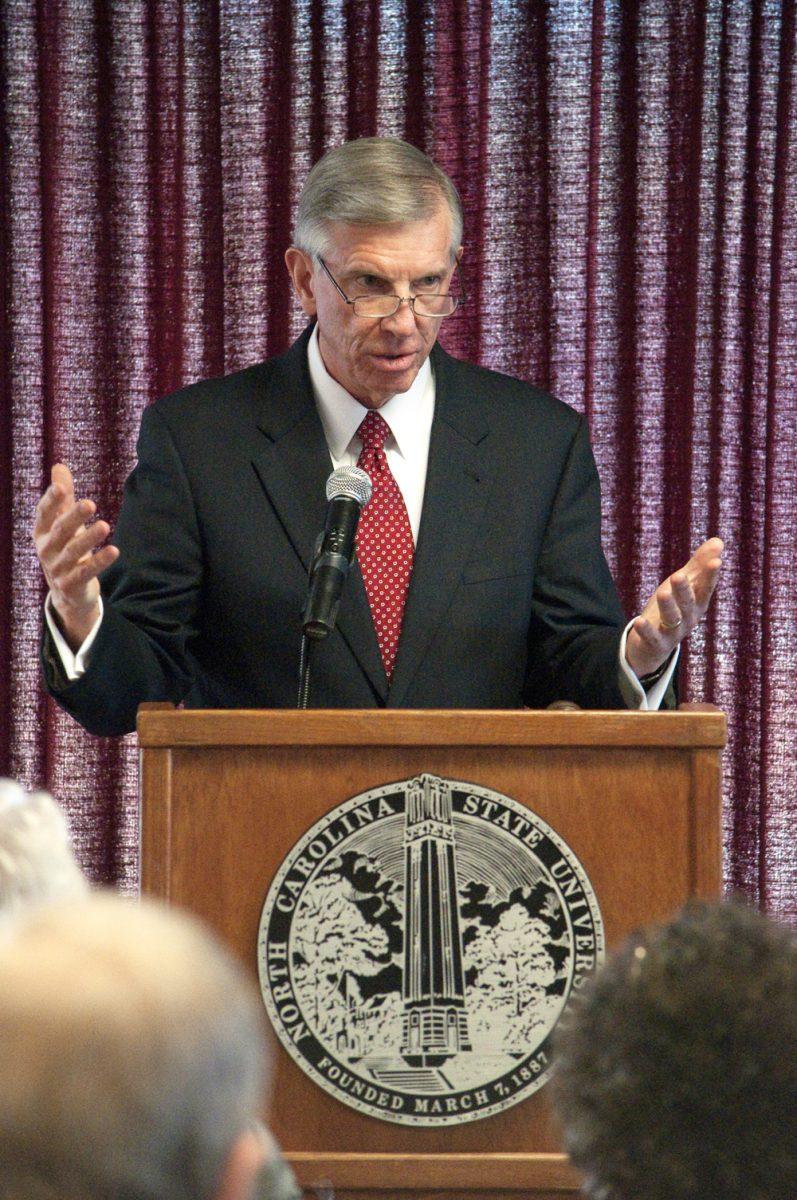 Tom Ross, president of the UNC System, which manages the public universities in North Carolina speaks in the Walnut Room in Talley Student Center April 2, 2013. Ross spoke on the recent proposed budget cuts from the governor's office. Photo by Chris Rupert