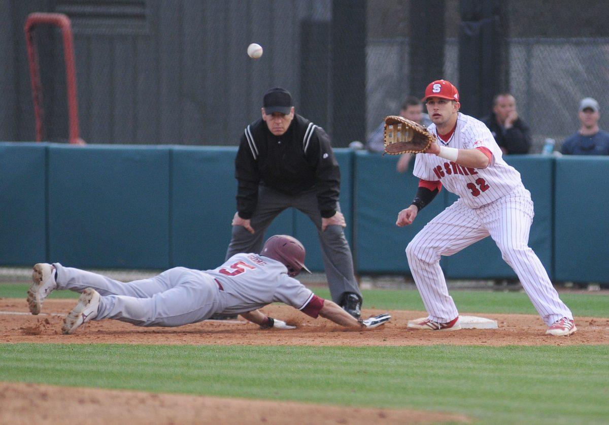 Senior first baseman Tarran Senay prepares to catch a checked pitch against Elon Wednesday, April 3, 2013. The Wolfpack led the Phoenix 8-6 at the end of the seventh inning at Doak Field at Dail Park. Photo by Ryan Parry.