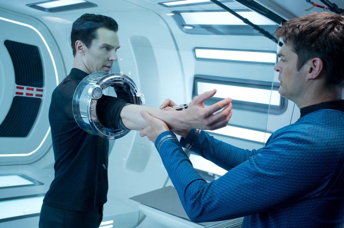 Benedict Cumberbatch (left) and Karl Urban (right) in Star Trek Into Darkness.