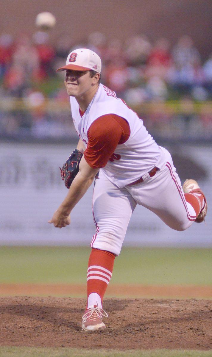 Sophomore starting pitcher Carlos Rodon throws a pitch against North Carolina Saturday, May 25, 2013 during the ACC Tournament at the Durham Bulls Athletic Park in Durham, NC. The Wolfpack fell to the Tar Heels 2-1 in 18 innings. Photo by Ryan Parry.