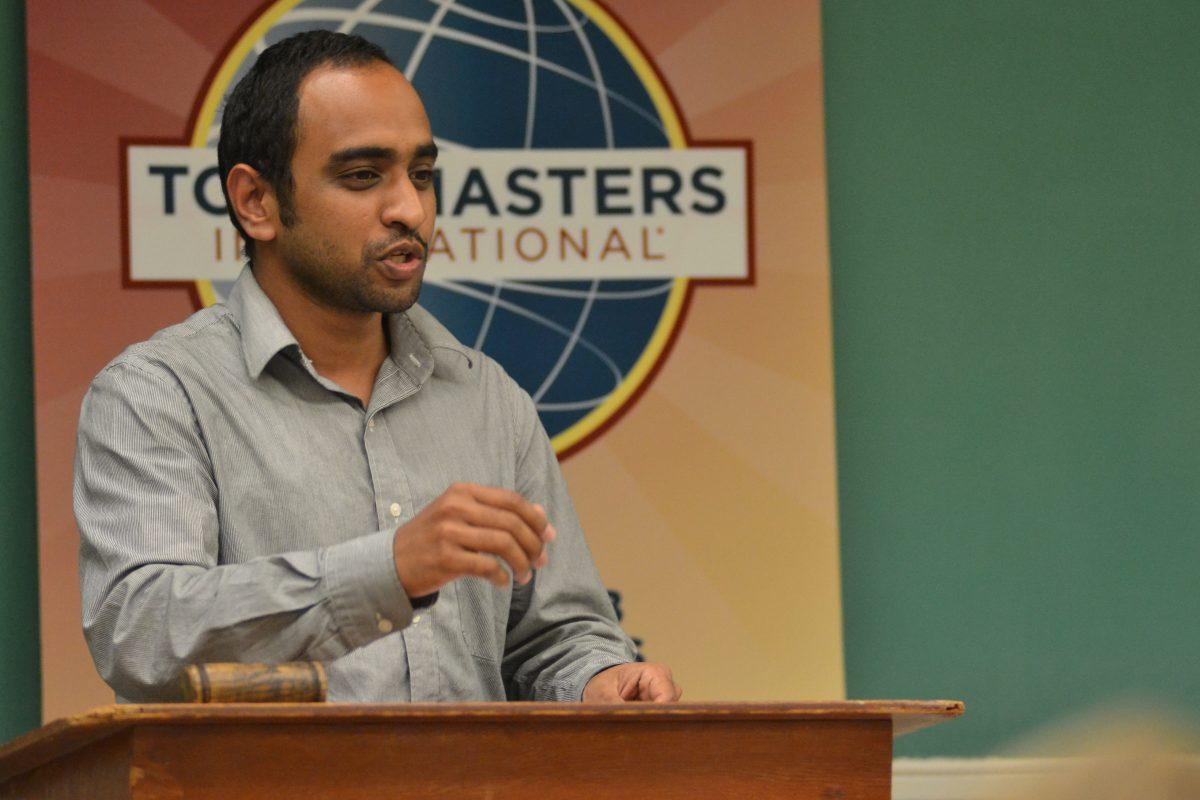 George Vinoj Vincent serves as toastmaster during the N.C. State Toastmasters club meeting June 12 in Kilgore Hall. Vincent was the victor of the North Carolina Toastmasters public speaking competition, and will be competing in the international competition August in Cincinnati, Ohio.&#160;