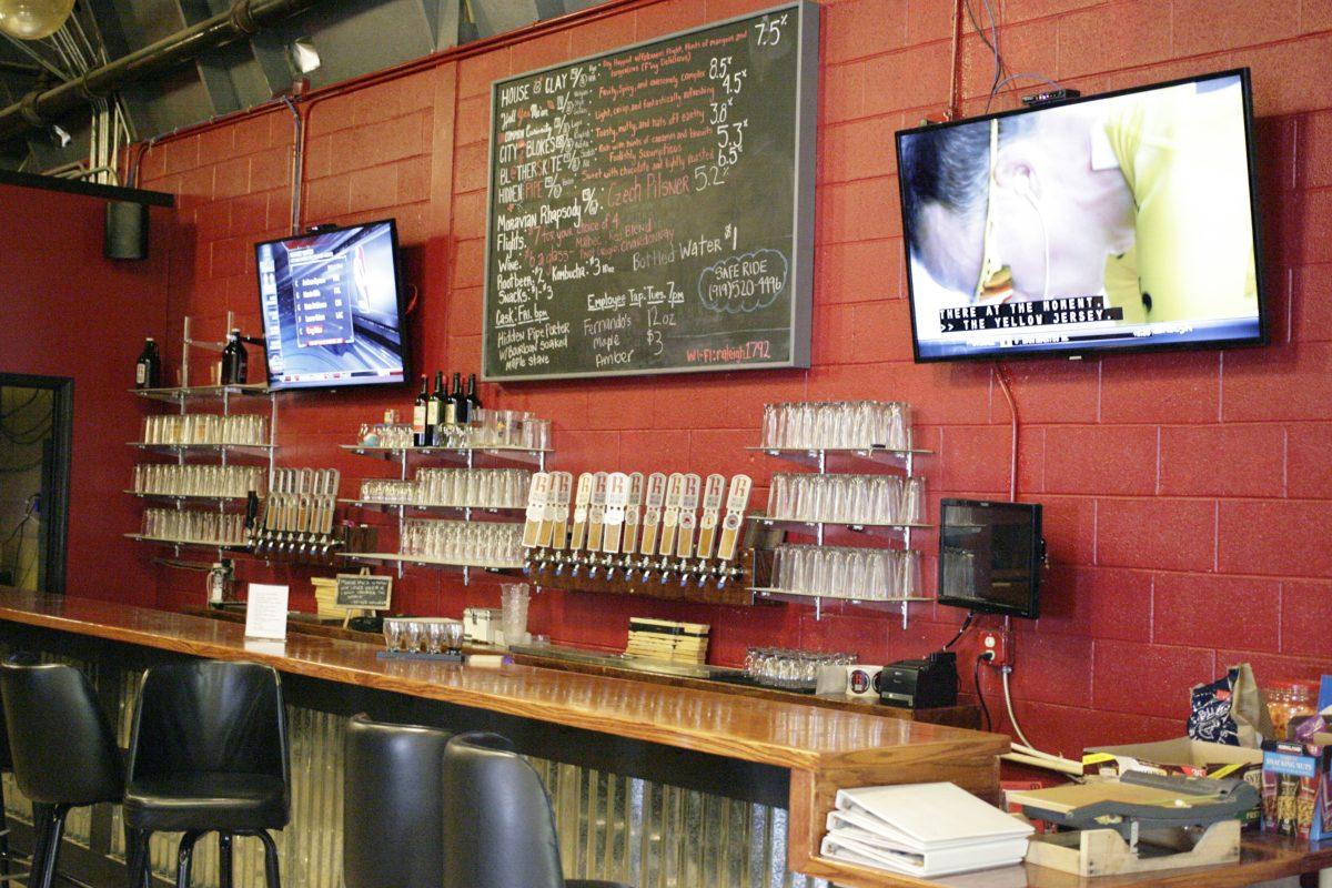 Raleigh Brewing Company&#8217;s tasting room has a wide selection of beers. Root beer is brewed on site and sold as well as other non-alcoholic beverages.