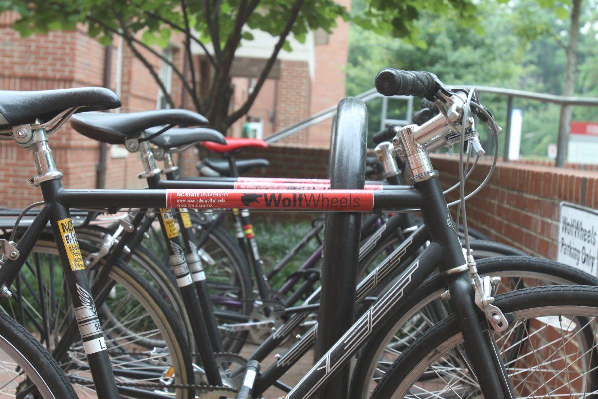Wolf Wheels bike share program has recently furnished rental bikes for residence of the quad to checkout for five hours at a time. Bike sharing programs have proven successful at other universities and have become a huge success making headlines in New York City. Photo By Hunter Johnson