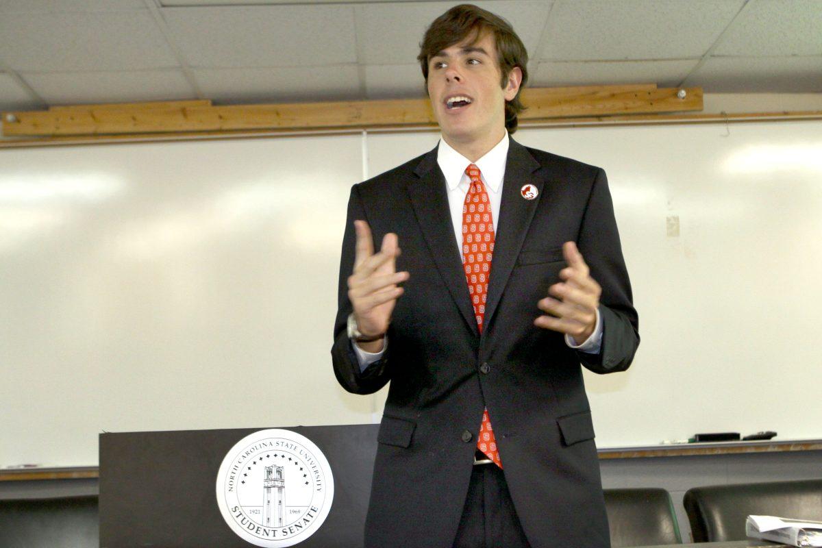Student Body President, Alex Parker, spoke Thursday night, Sept. 25, 2013 in Harrelson Hall about next year&#8217;s tuition and fees. Parker was looking for a better turn out since he is heavily interested in student input. Photo by Hunter Johnson