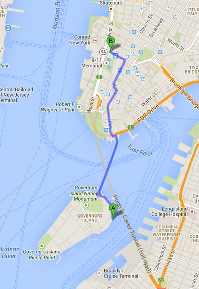 Point &#8220;A&#8221; marks the Brooklyn Battery Tunnel, from which Stephen Siller ran three miles to point &#8220;B,&#8221; the World Trade Center, shortly after discovering the Twin Towers were under attack.